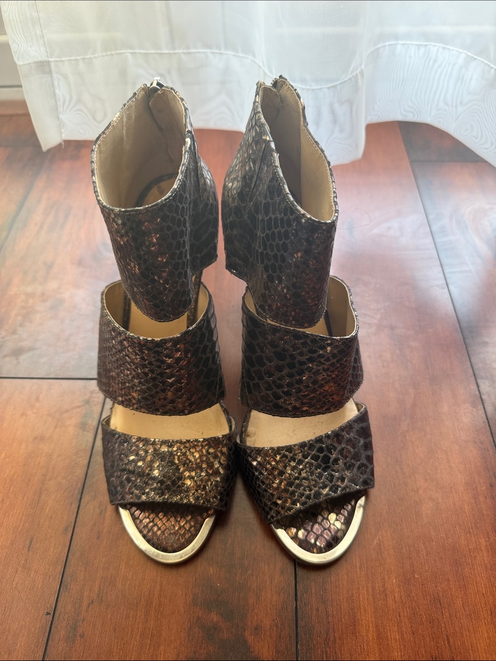 Jessica Simpson Metallic Brown Snake-Texture Block Heel Sandals